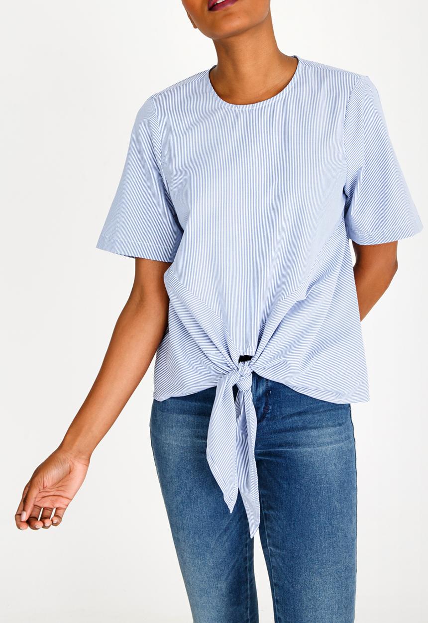 Brave Soul - Striped Tie Front Tee Blue and White
