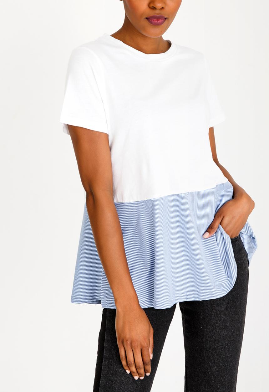 Brave Soul - Contrast Hem T-Shirt Blue and White