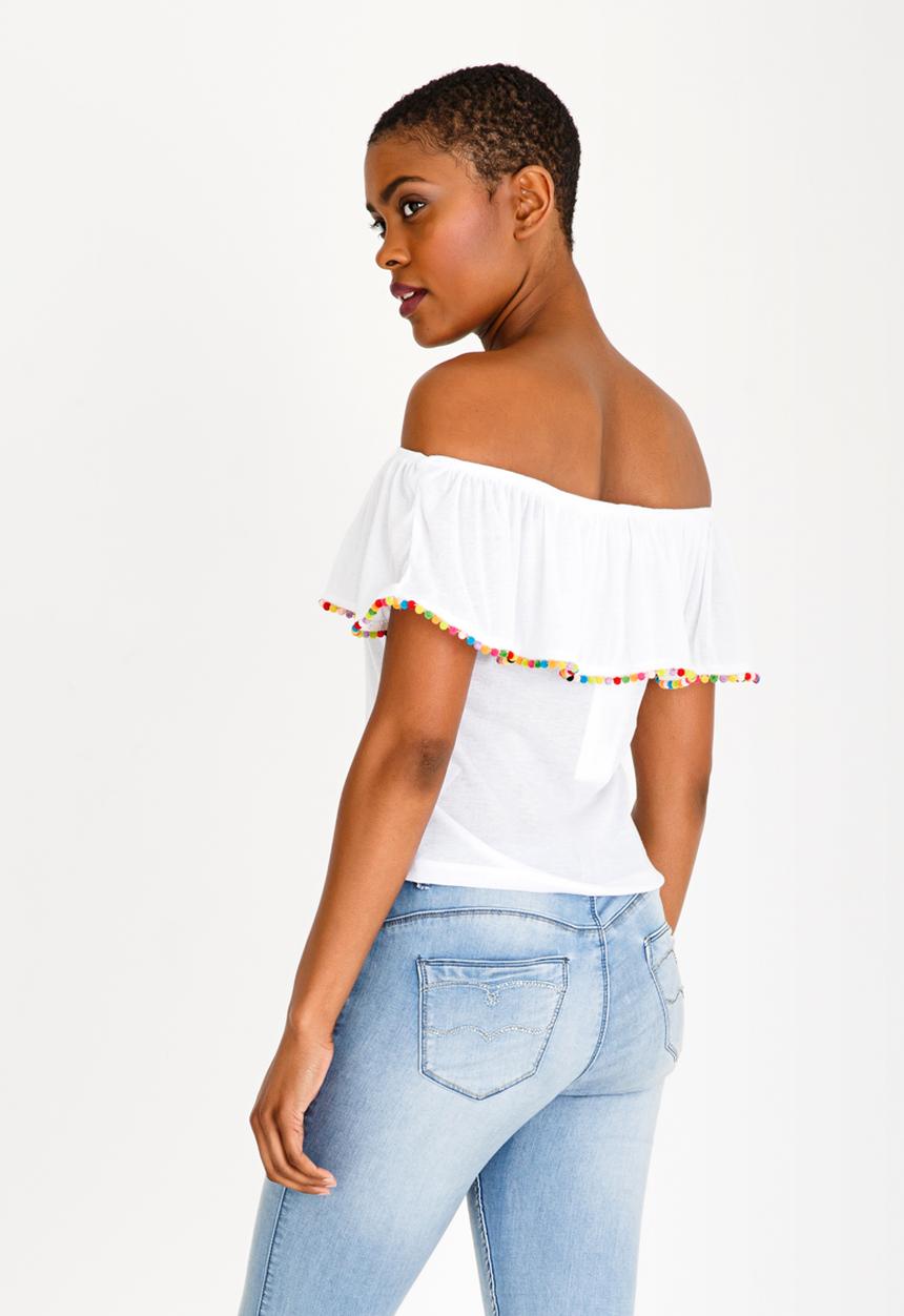 Brave Soul - Off Shoulder Pom-Pom Top White