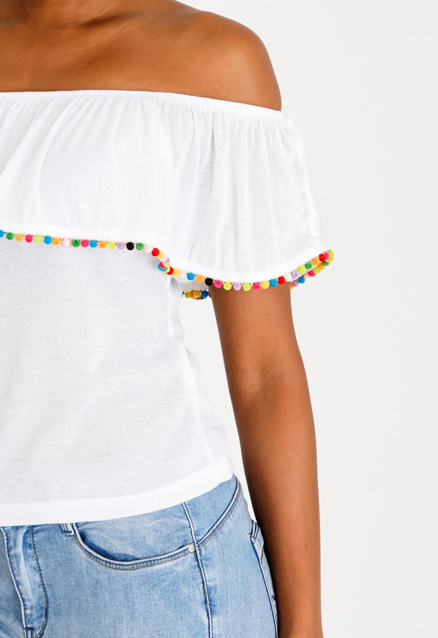 Brave Soul - Off Shoulder Pom-Pom Top White