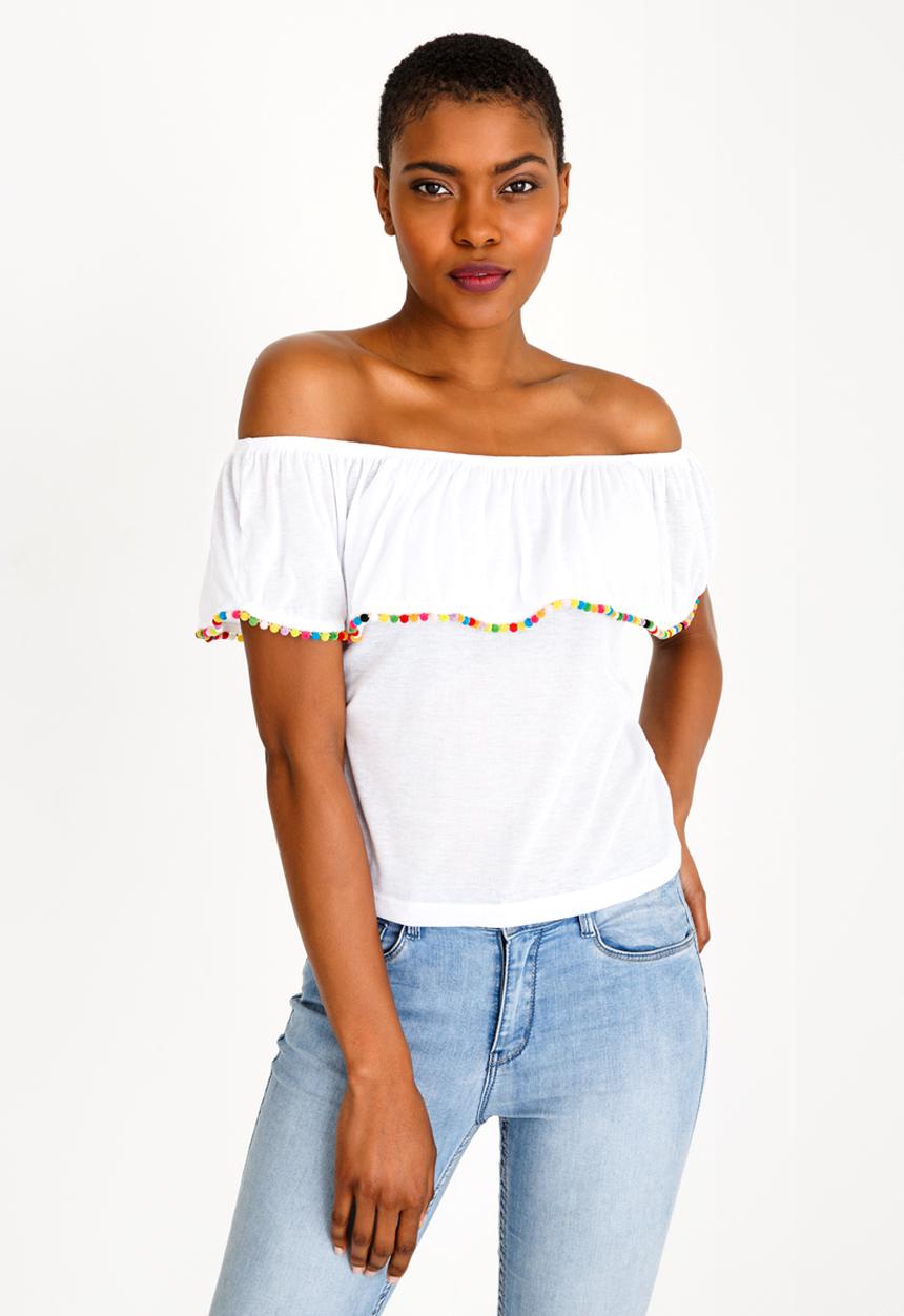 Brave Soul - Off Shoulder Pom-Pom Top White