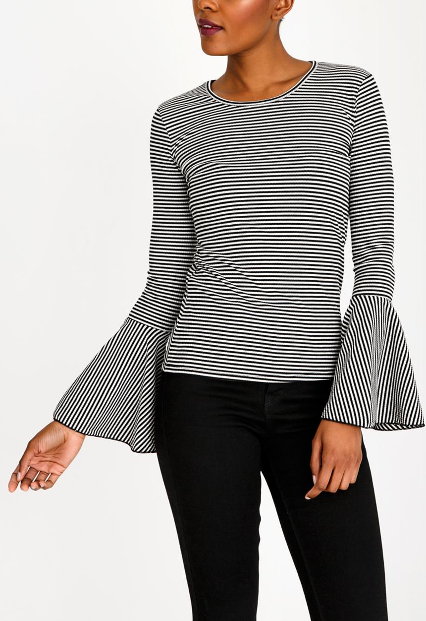 Brave Soul - Striped Flared Sleeve Top Black and White