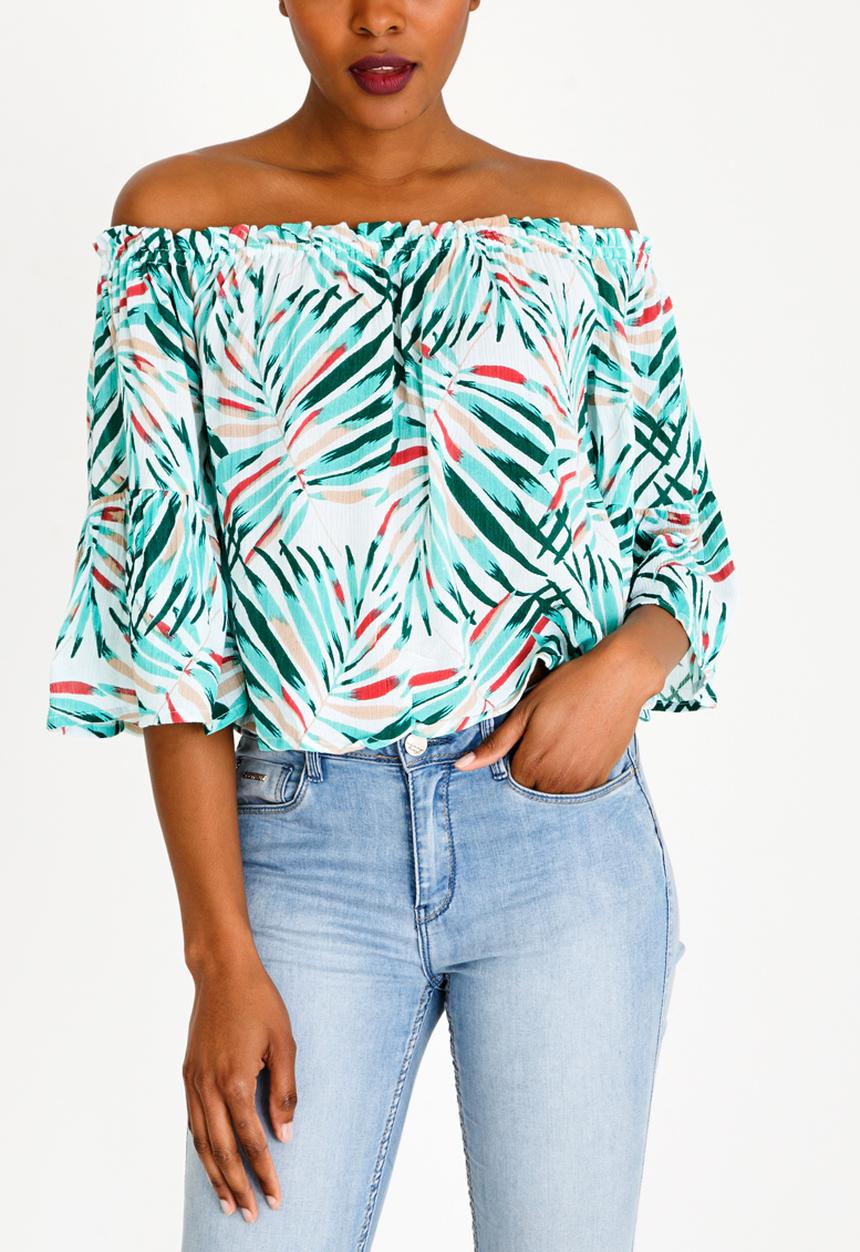 Brave Soul - Crinkle Printed Bardot Top Multi-colour