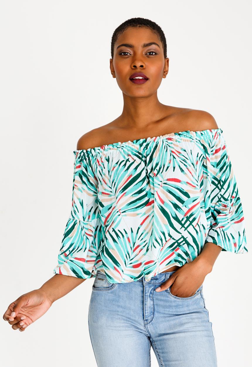 Brave Soul - Crinkle Printed Bardot Top Multi-colour