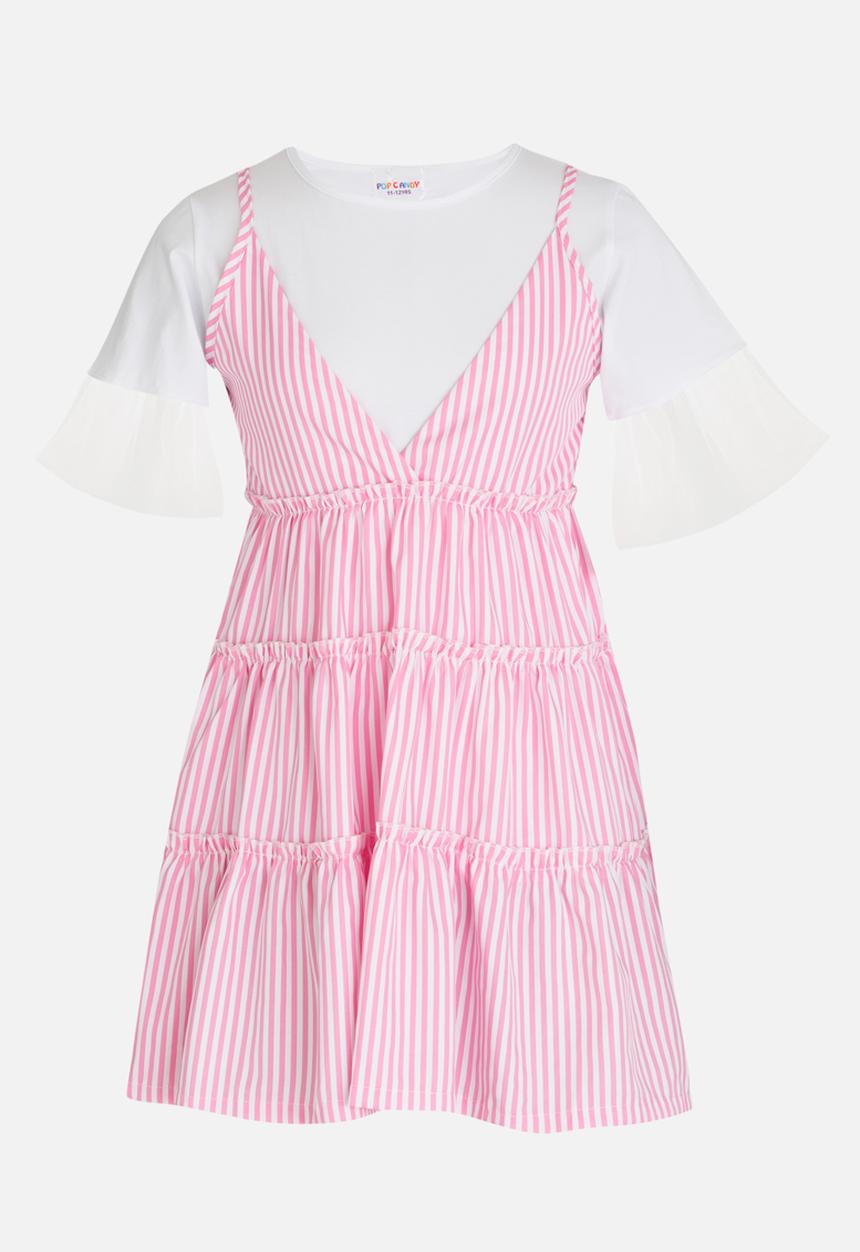 Pop Candy - Tiered Stripe Dress Pale Pink