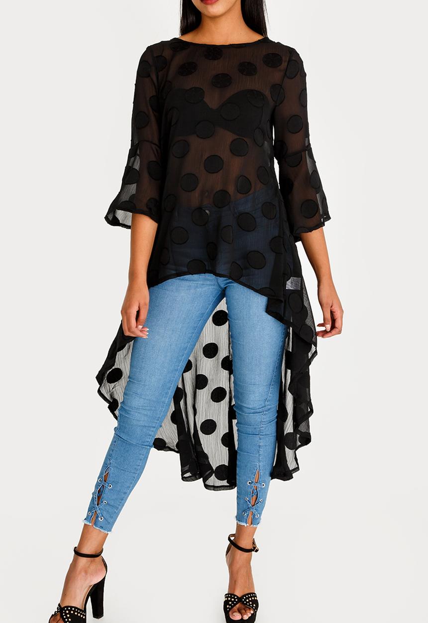 Revenge - Sheer Lace Polka Dot Dip Hem Top Black