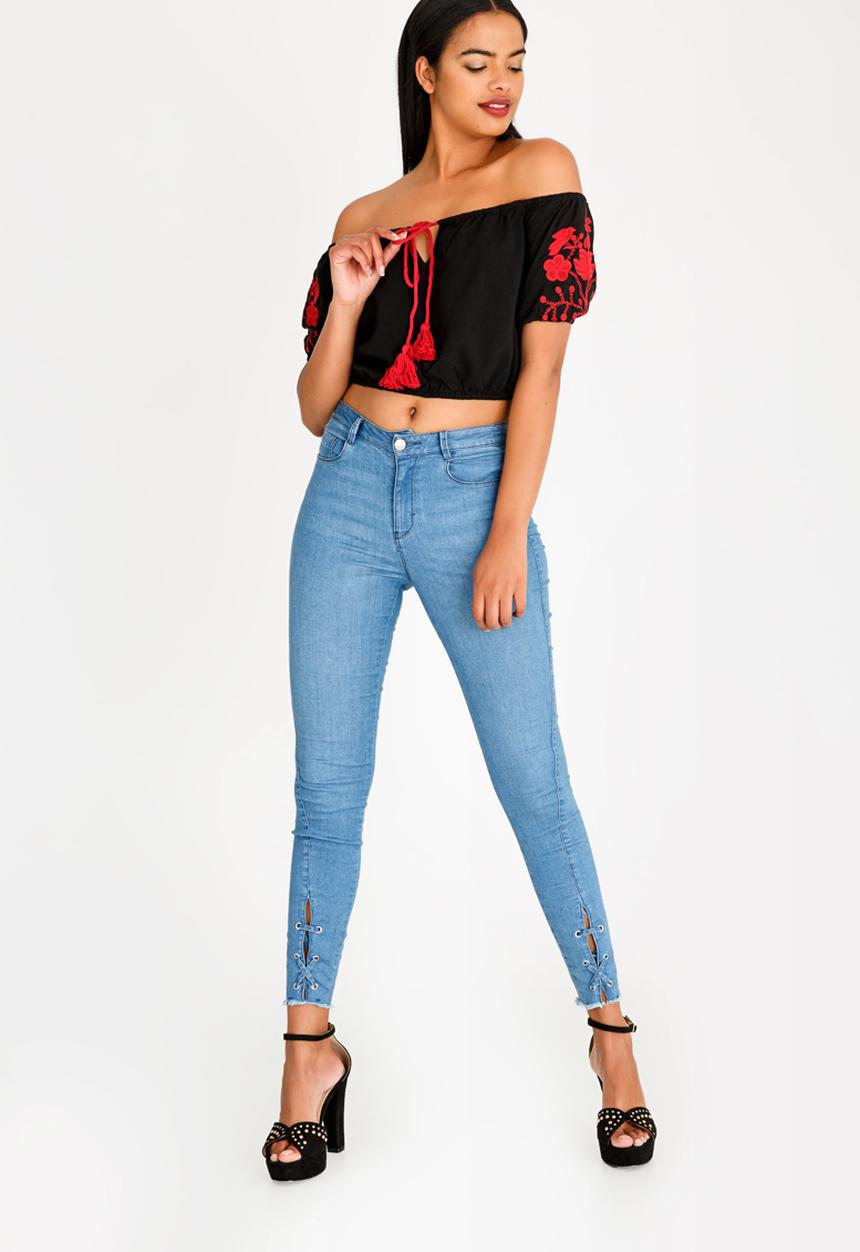 Brave Soul - Cropped Bardot Embroidered Top Black
