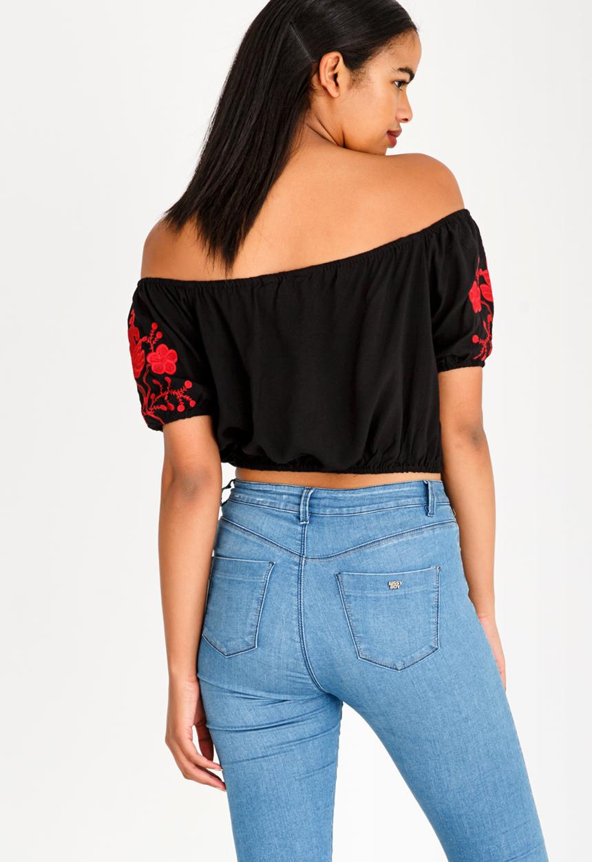 Brave Soul - Cropped Bardot Embroidered Top Black