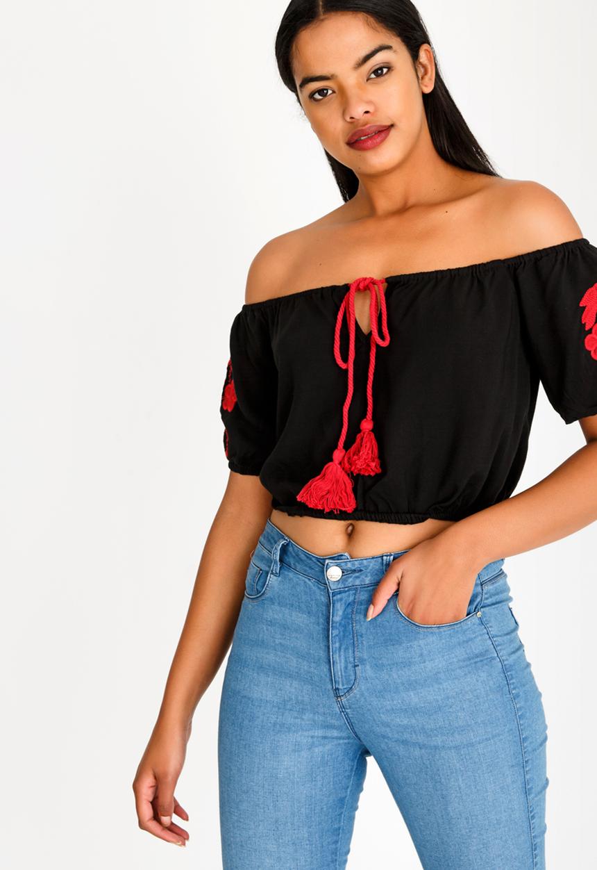 Brave Soul - Cropped Bardot Embroidered Top Black