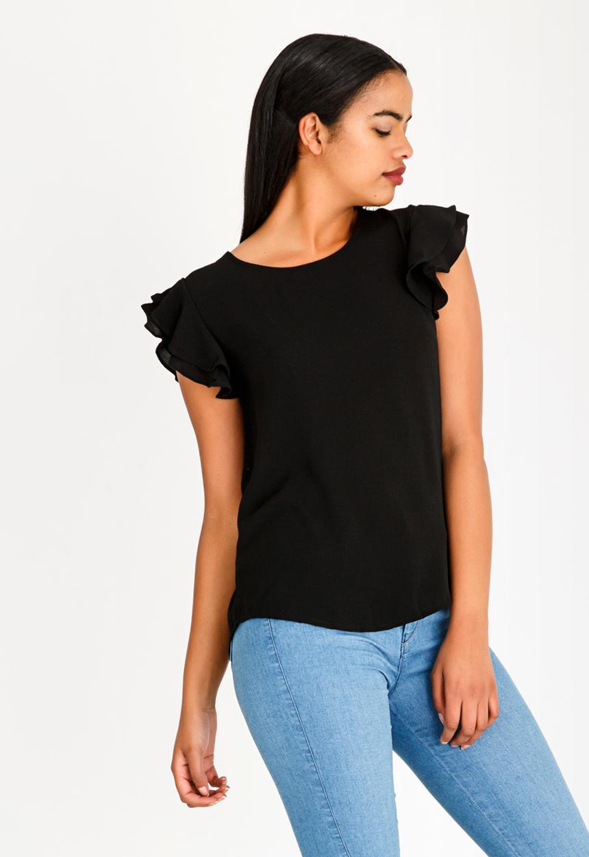 Brave Soul - Double Frill Sleeve Top Black
