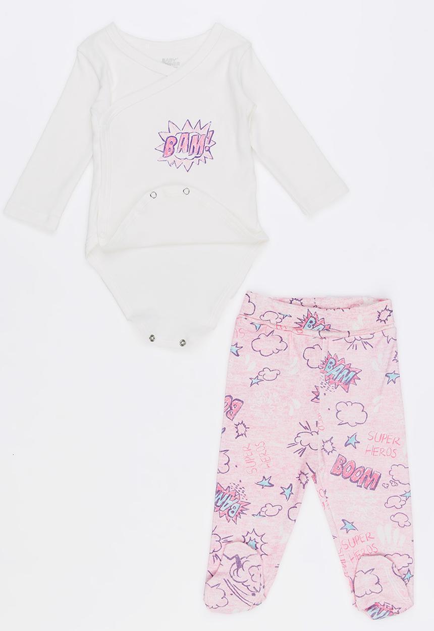 Baby Corner - Super Girl 2 Piece Side Snap Bodysuit Footed Pants White