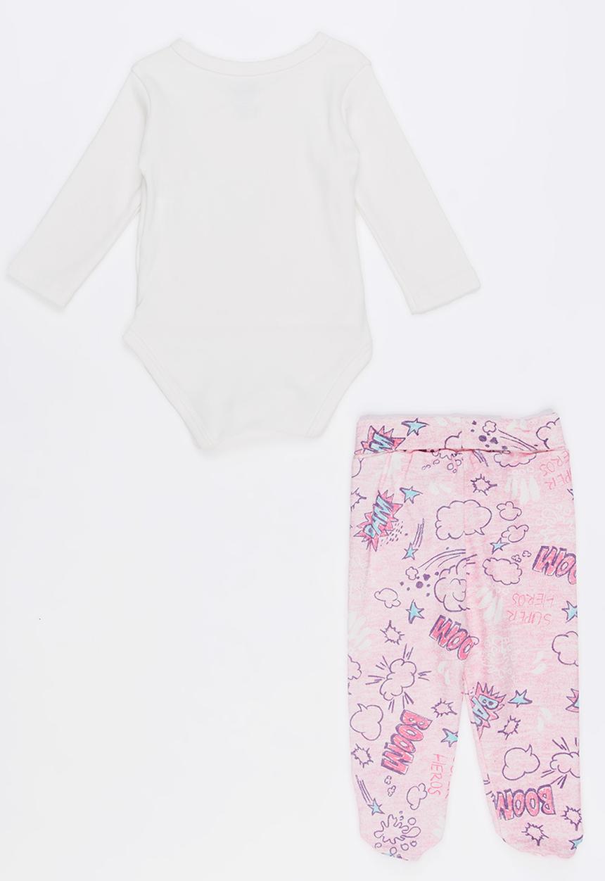 Baby Corner - Super Girl 2 Piece Side Snap Bodysuit Footed Pants White
