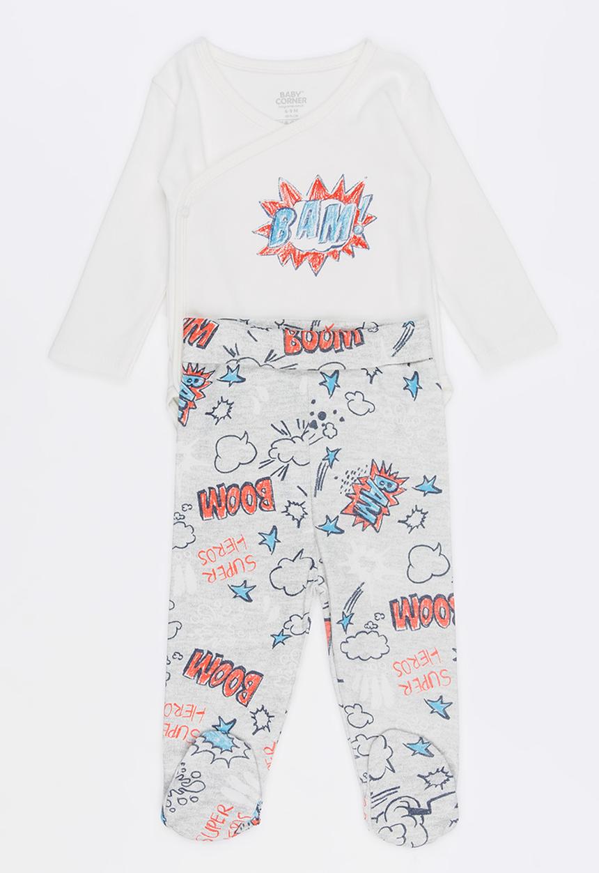 Baby Corner - Super Boy 2 Piece Side Snap Bodysuit Footed Pants White