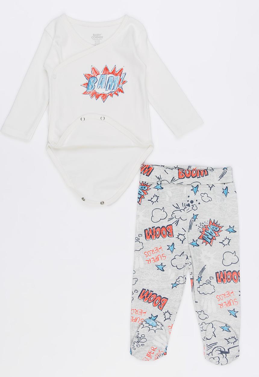 Baby Corner - Super Boy 2 Piece Side Snap Bodysuit Footed Pants White