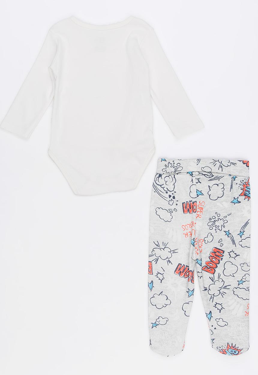 Baby Corner - Super Boy 2 Piece Side Snap Bodysuit Footed Pants White