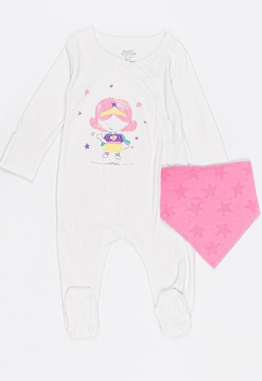 Baby Corner - Super Girl 2 Piece Sleepsuit Set White