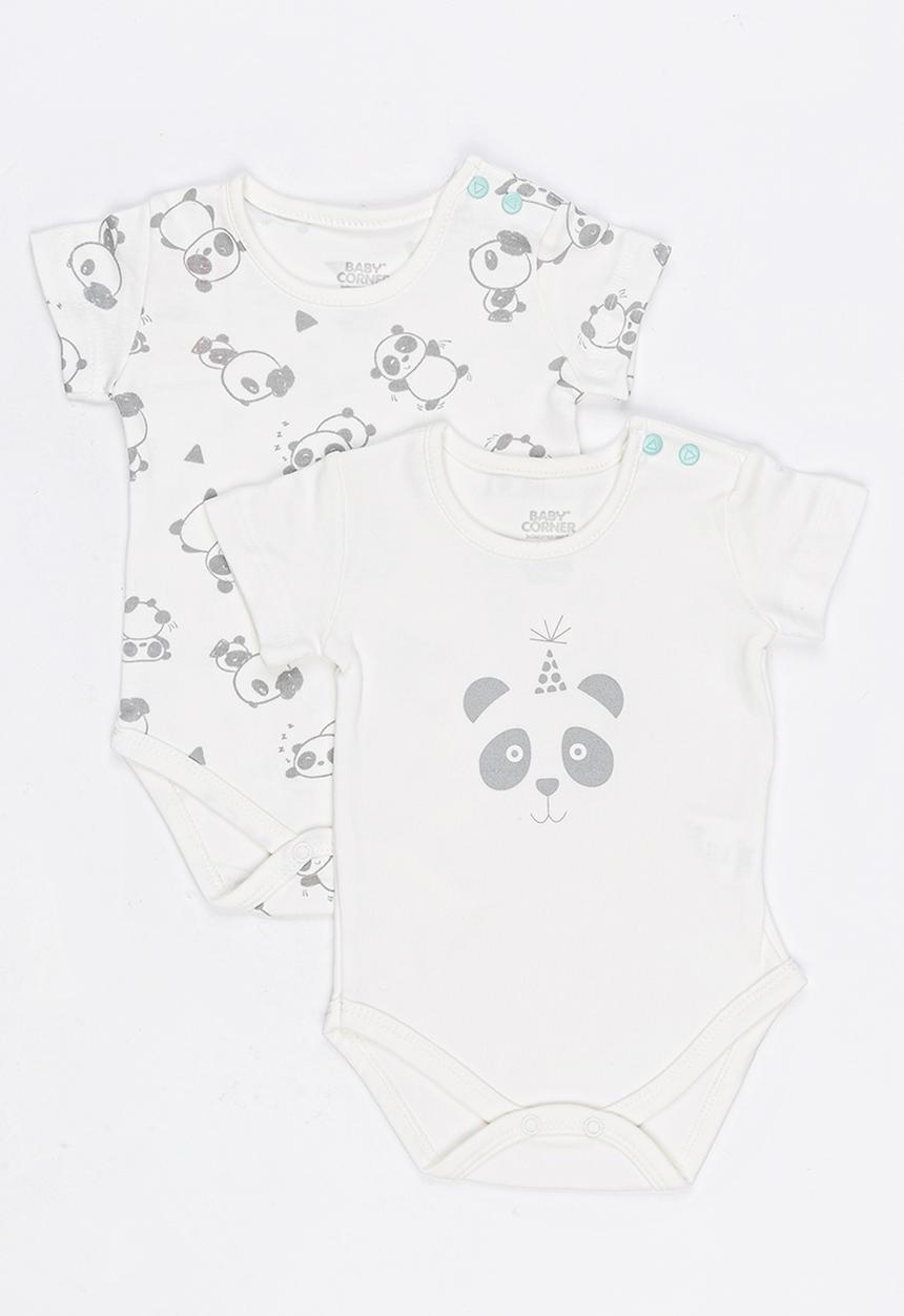 Baby Corner - 2 Pack Long Sleeve Panda Bodysuit Grey