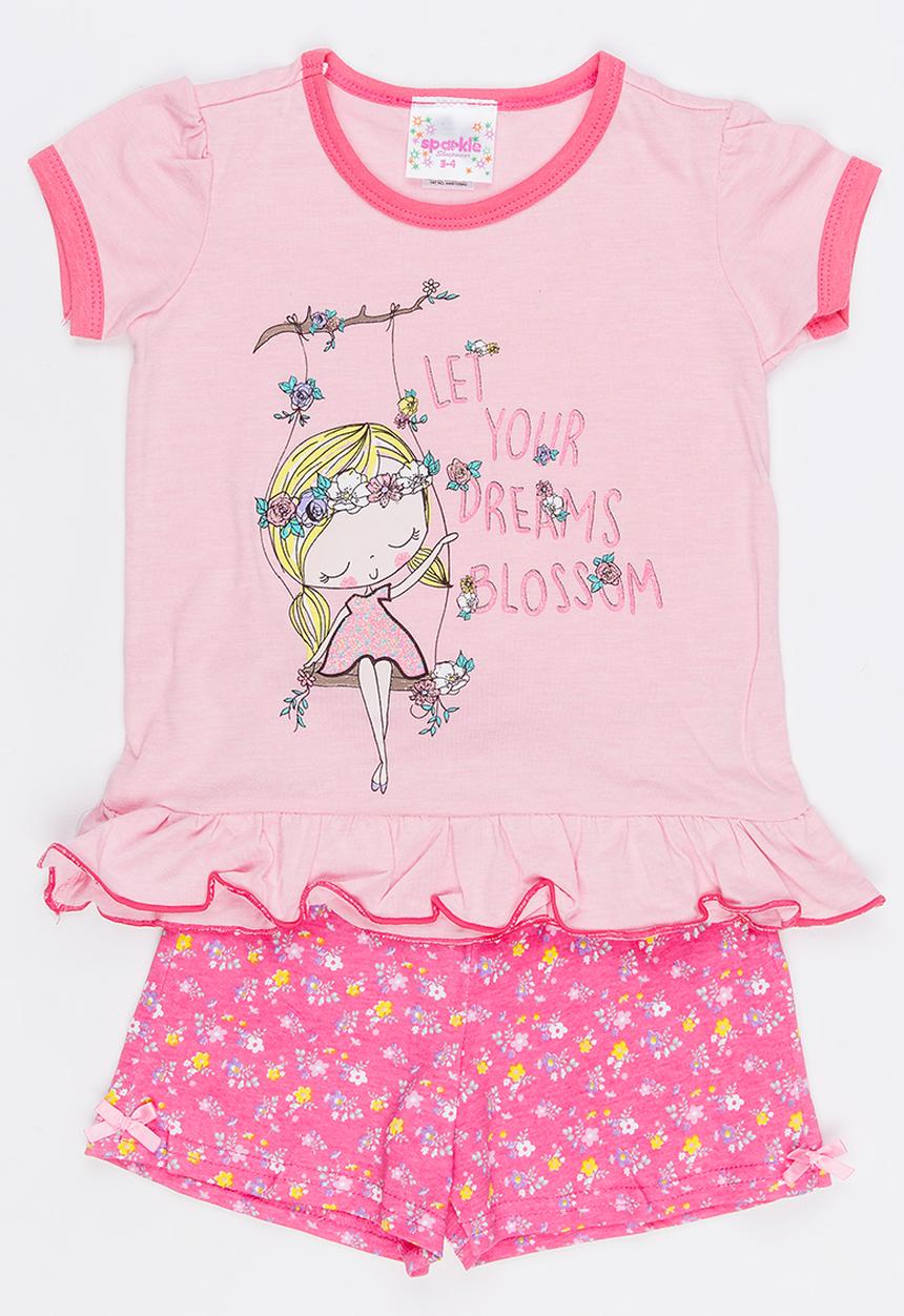 Twin Clothing - Short Sleeve Printed Sleepwear Set Dark Pink