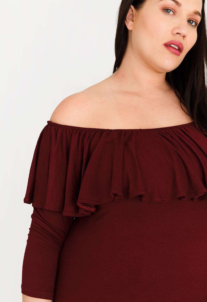 edit Plus - Bardot Top with Frill Burgundy