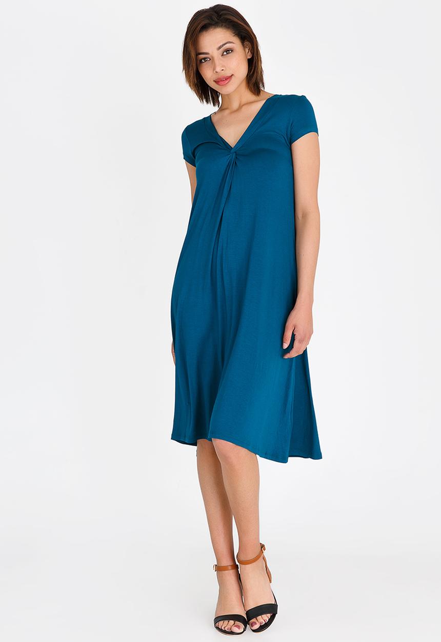edit - V-neck knot front detail dress - blue