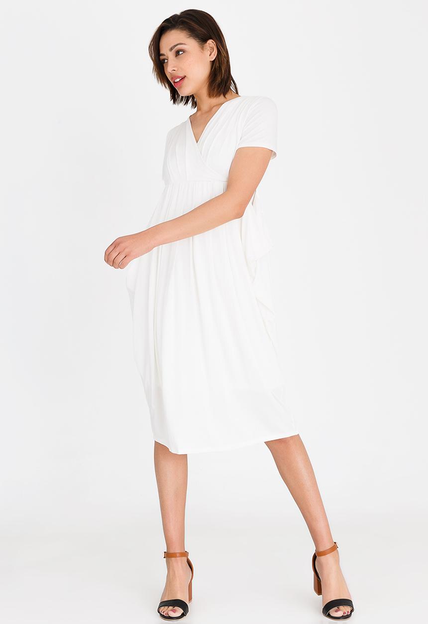 edit - Short Sleeve Dress with Pleats Off White