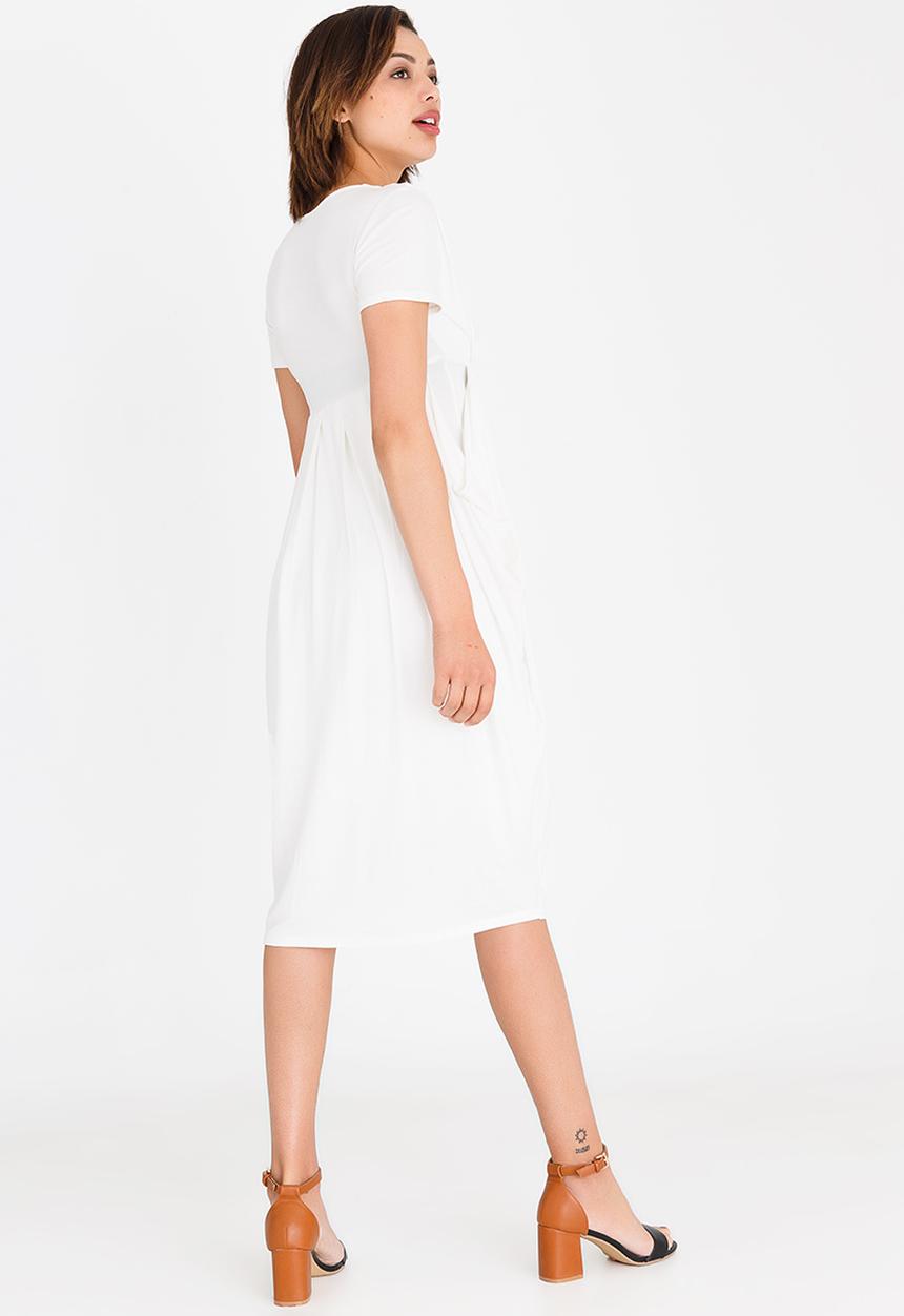 edit - Short Sleeve Dress with Pleats Off White