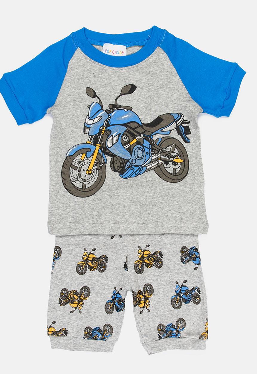 Pop Candy - Short Sleeve Printed Motorcycle Pj Set - Grey