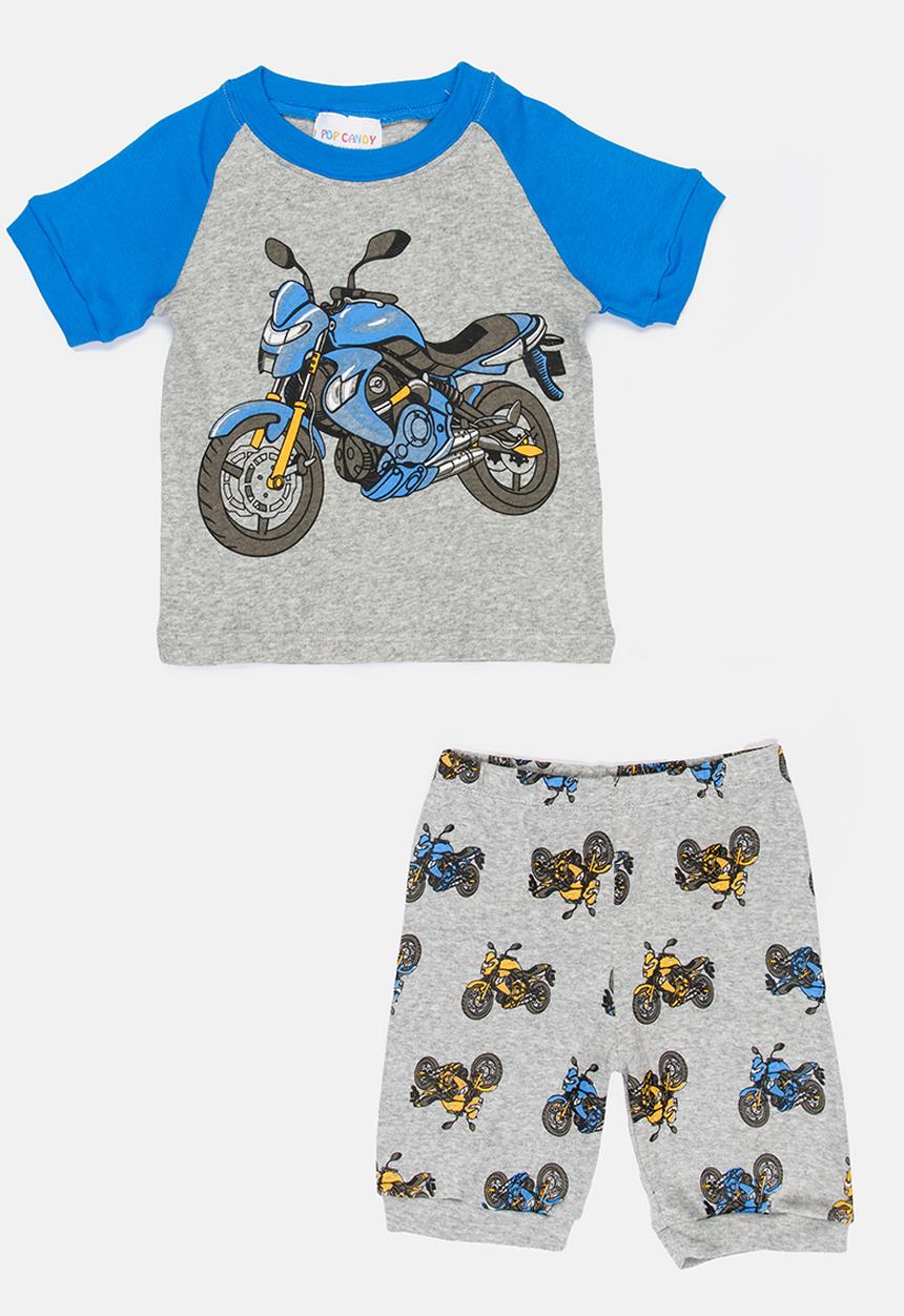 Pop Candy - Short Sleeve Printed Motorcycle Pj Set - Grey
