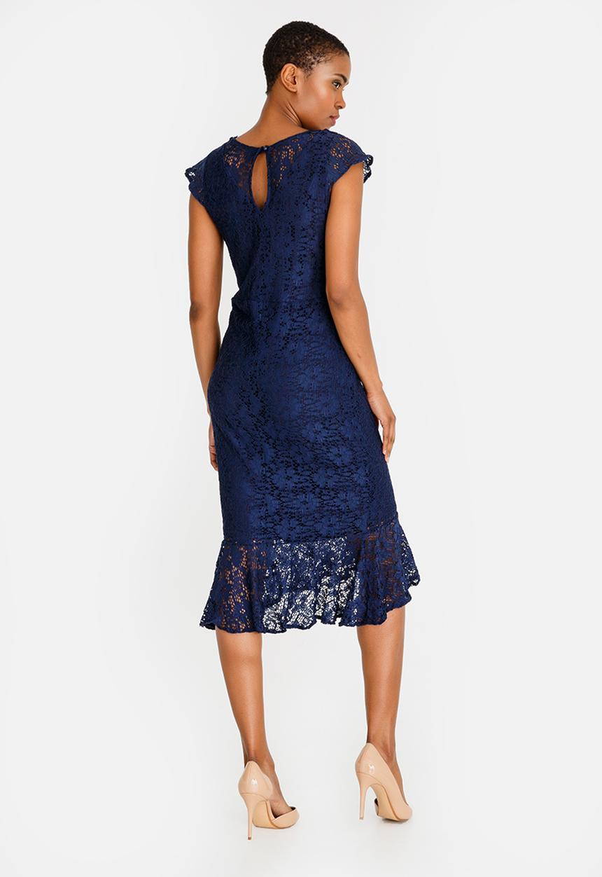edit - Fitted lace dress with frills - navy 