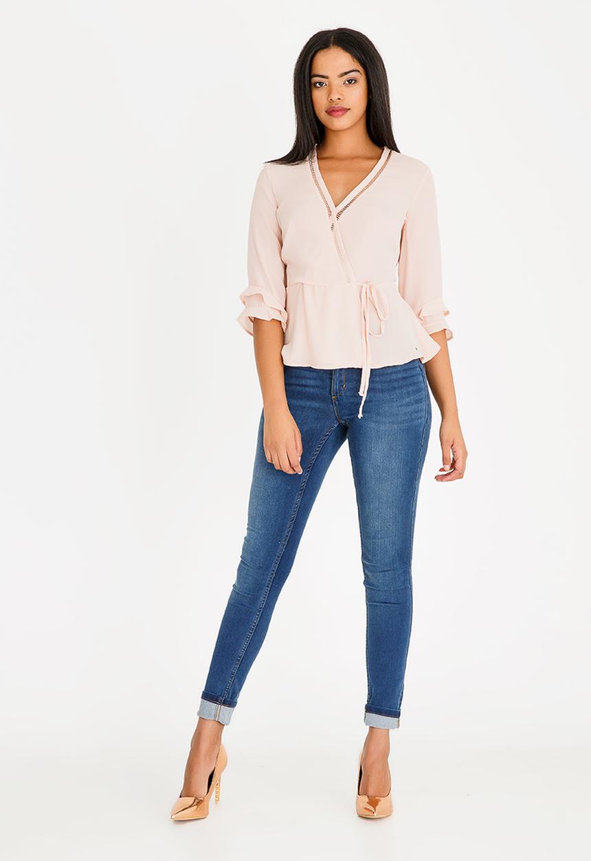 SISSY BOY - Girl Boss Wrap Blouse With Ladder Lace Nude
