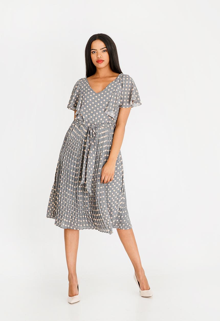 edit - Short sleeve polka dot pleated dress - grey 