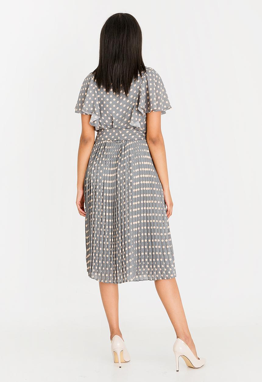 edit - Short sleeve polka dot pleated dress - grey 