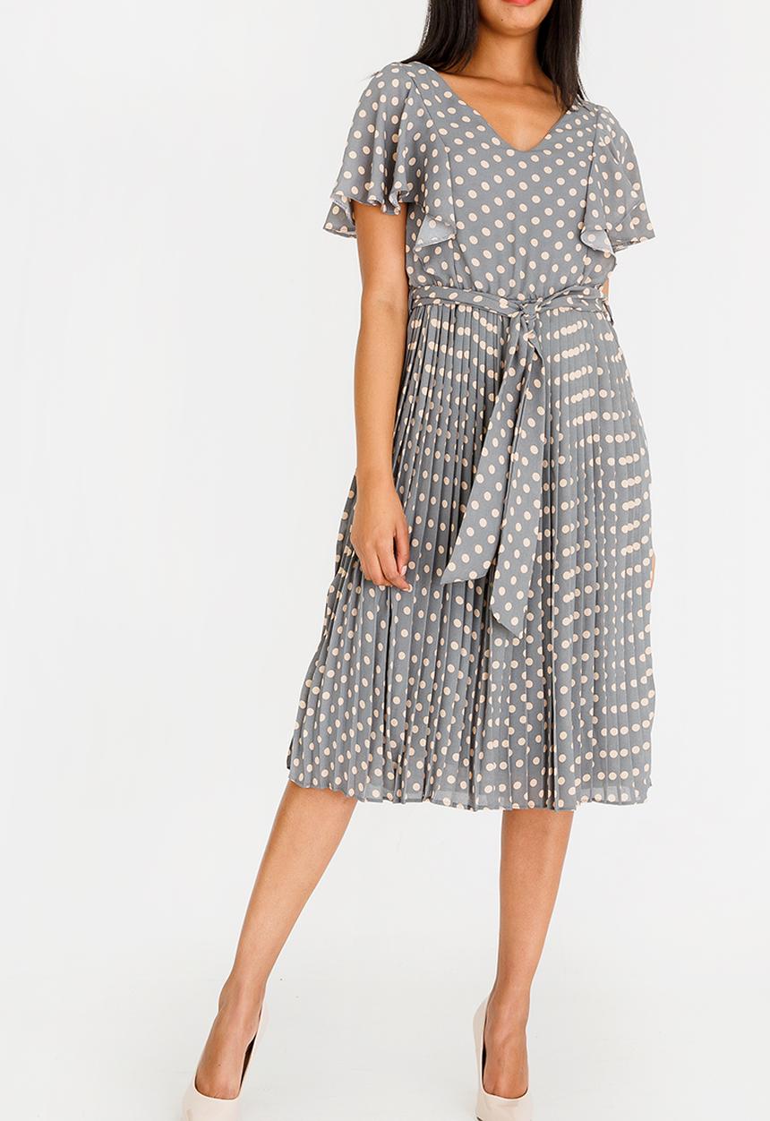 edit - Short sleeve polka dot pleated dress - grey 