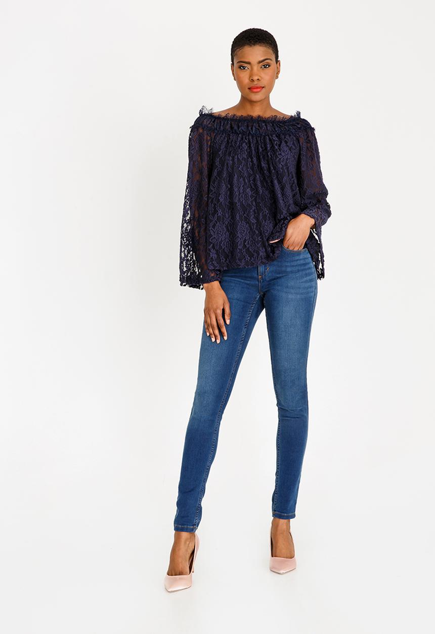 edit - Lace bell sleeve bardot blouse - navy 