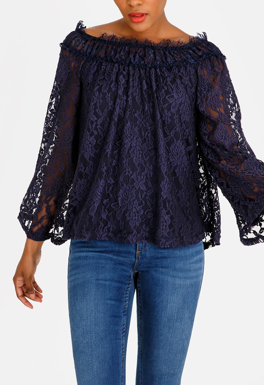 edit - Lace bell sleeve bardot blouse - navy 