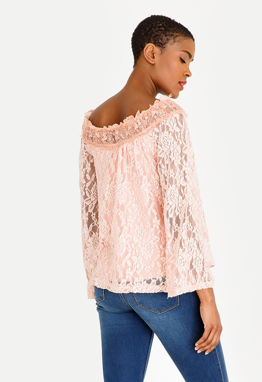 edit - Lace bell sleeve bardot blouse - pink 