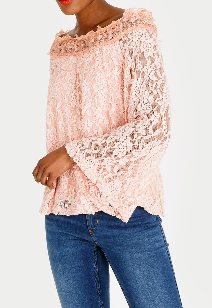 edit - Lace bell sleeve bardot blouse - pink 