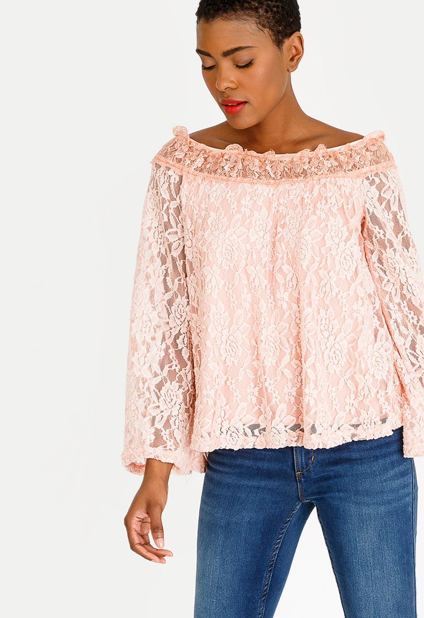 edit - Lace bell sleeve bardot blouse - pink 