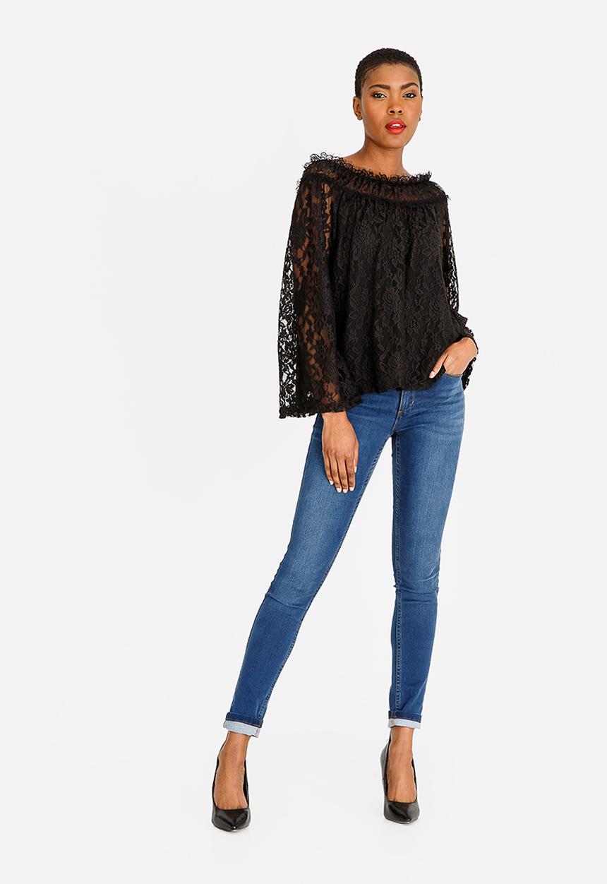 edit - Lace bell sleeve bardot blouse  - black 
