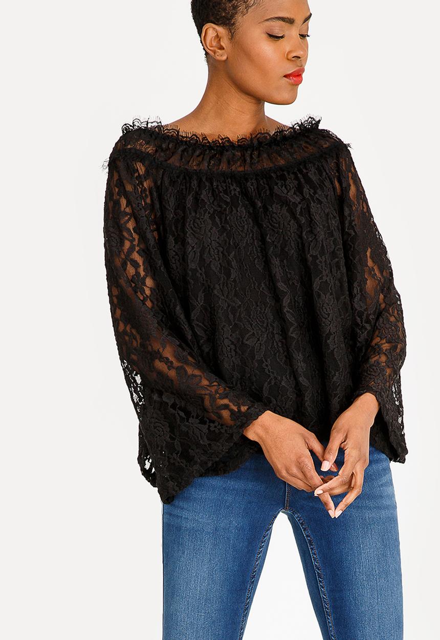 edit - Lace bell sleeve bardot blouse  - black 