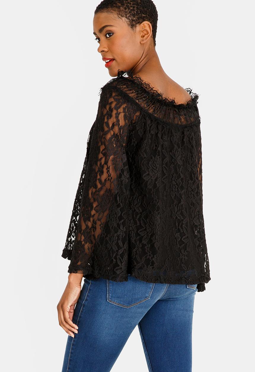 edit - Lace bell sleeve bardot blouse  - black 
