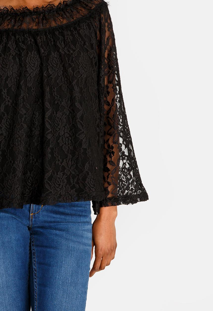 edit - Lace bell sleeve bardot blouse  - black 