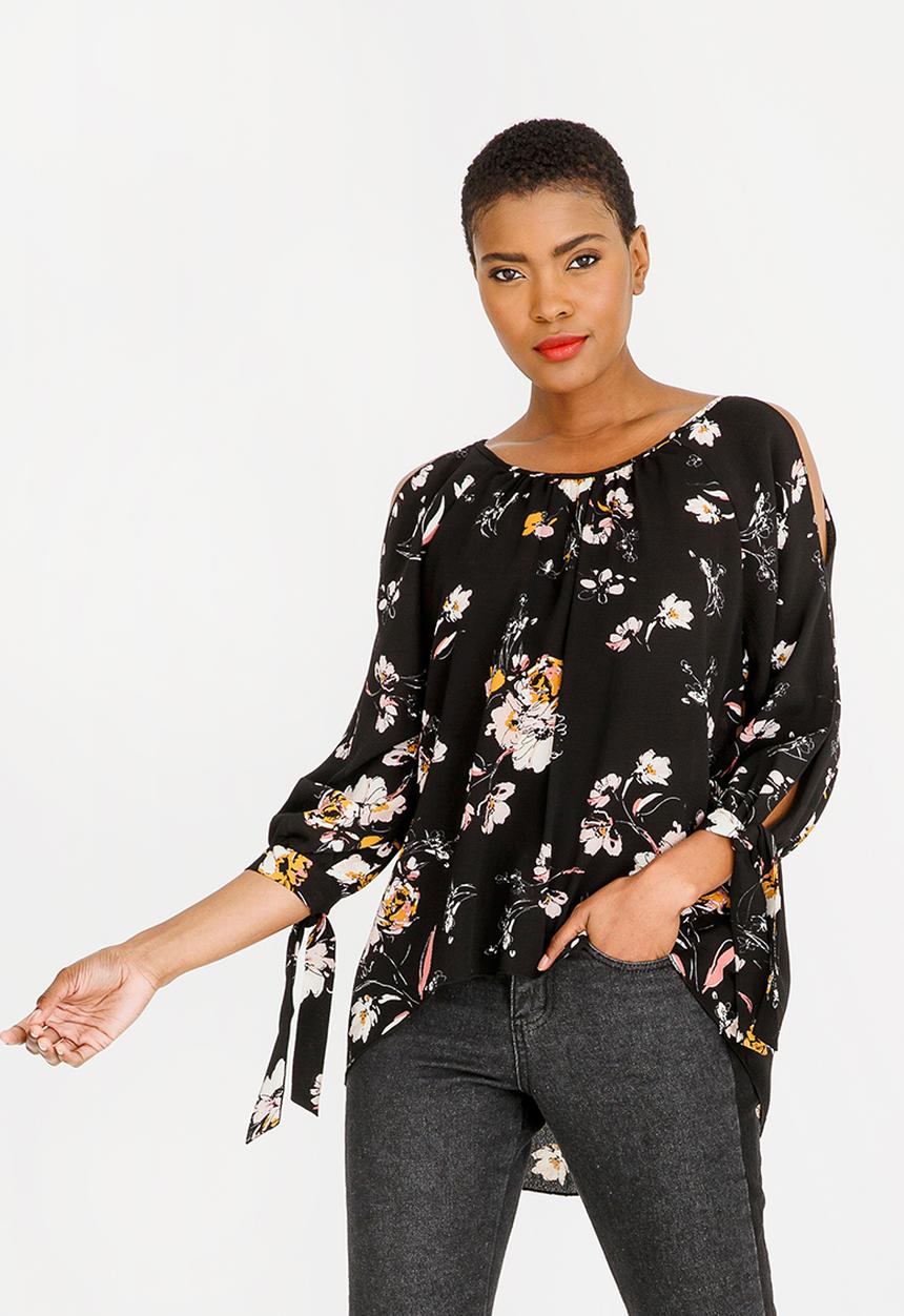 Revenge - Tie Sleeve Floral Top Black