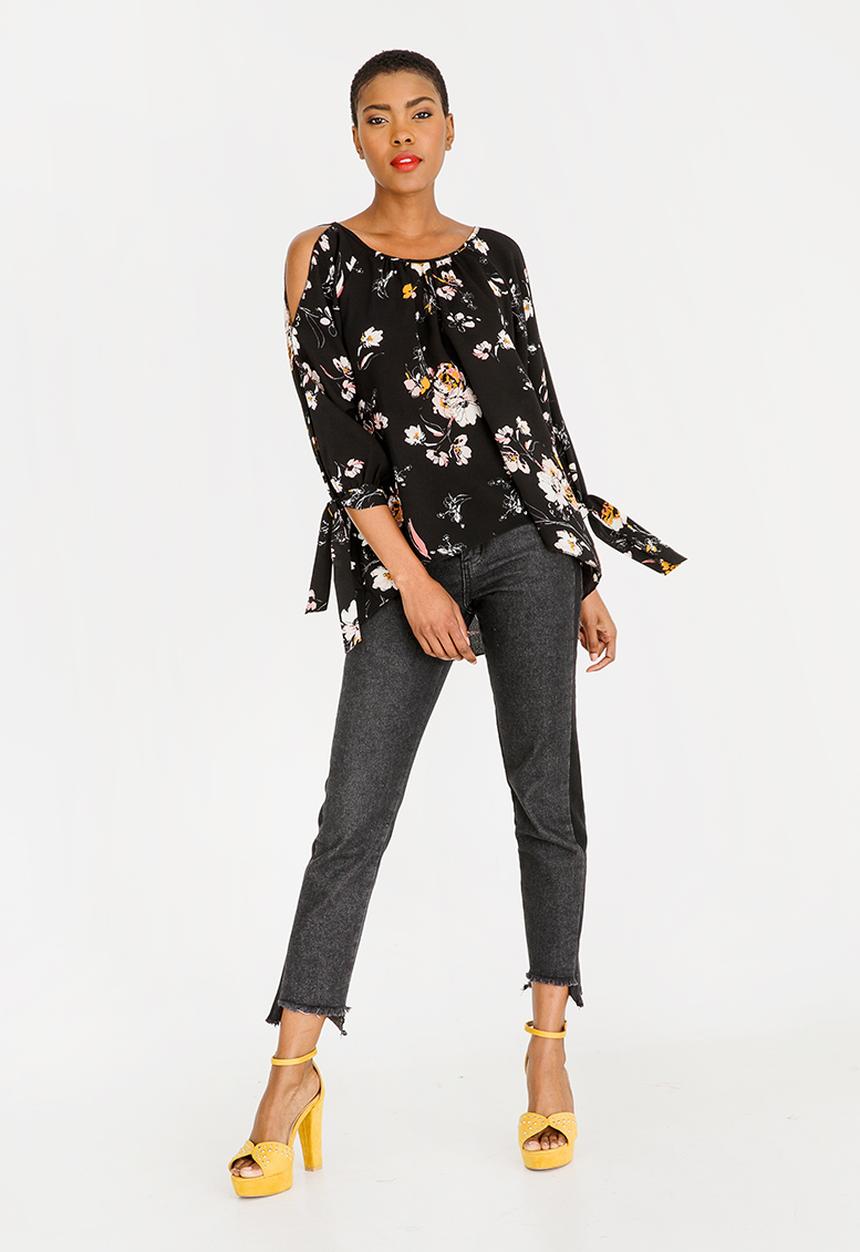 Revenge - Tie Sleeve Floral Top Black