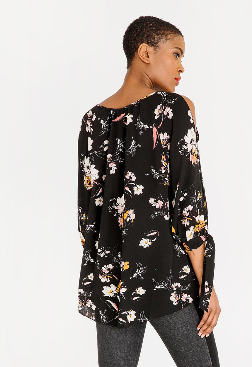 Revenge - Tie Sleeve Floral Top Black