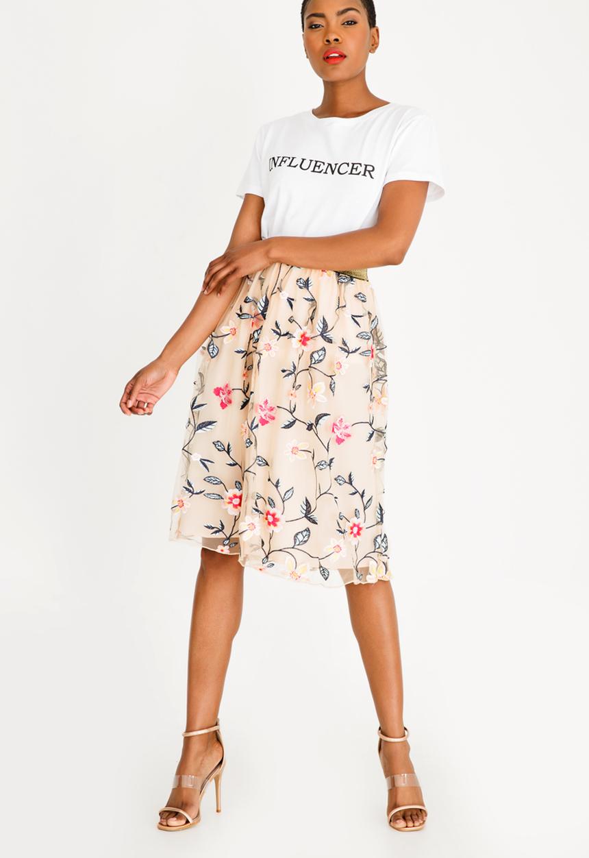 Brave Soul - Embroidered Mesh Skirt Pale Pink