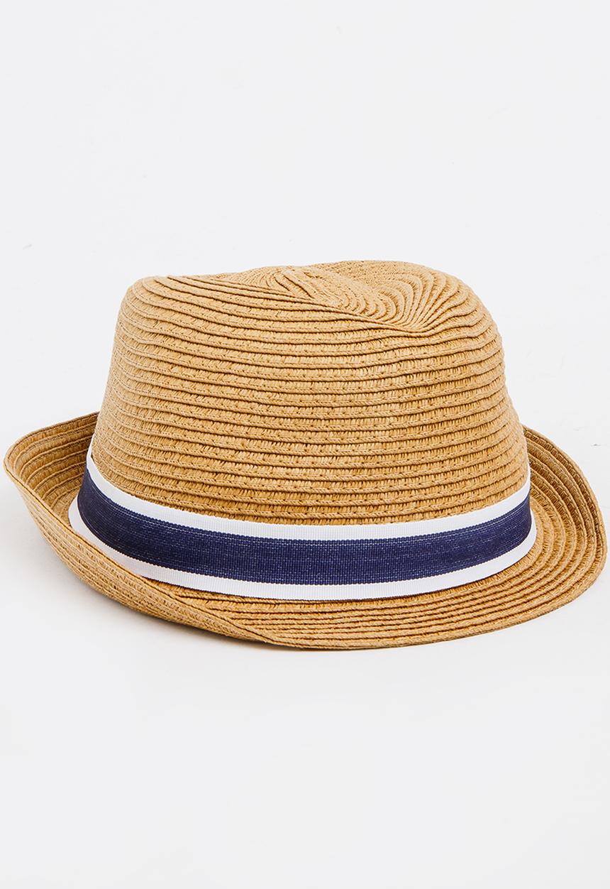 MINOTI - Straw Trilby Hat with Fabric Trim Camel/Tan