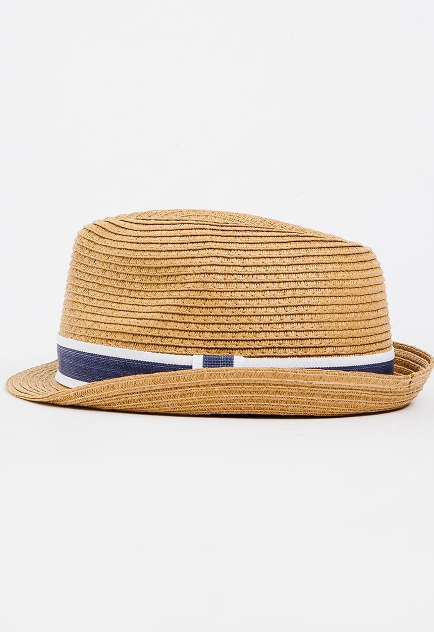 MINOTI - Straw Trilby Hat with Fabric Trim Camel/Tan