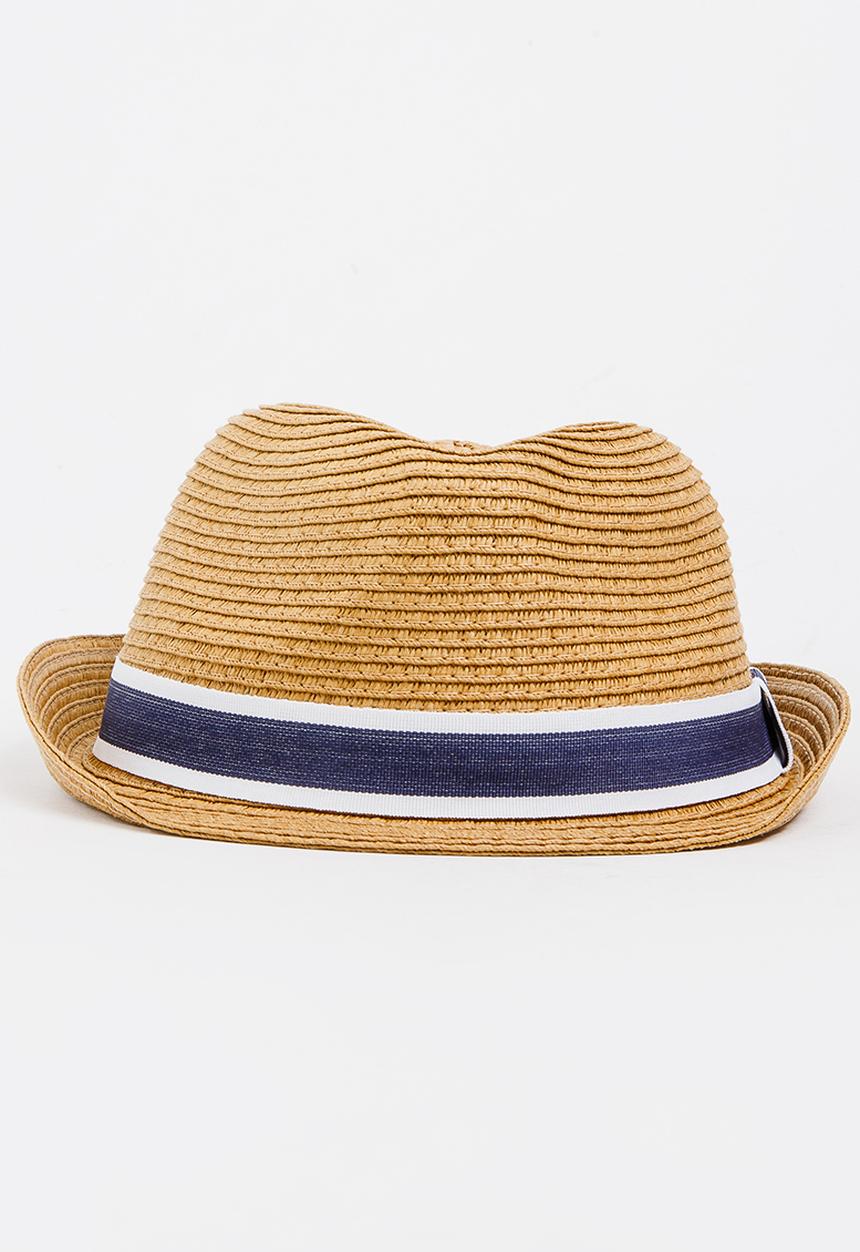 MINOTI - Straw Trilby Hat with Fabric Trim Camel/Tan