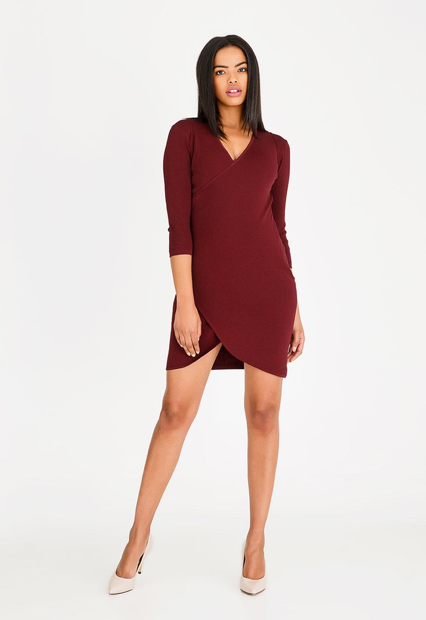 edit - Wrap over semi fitted dress - burgundy